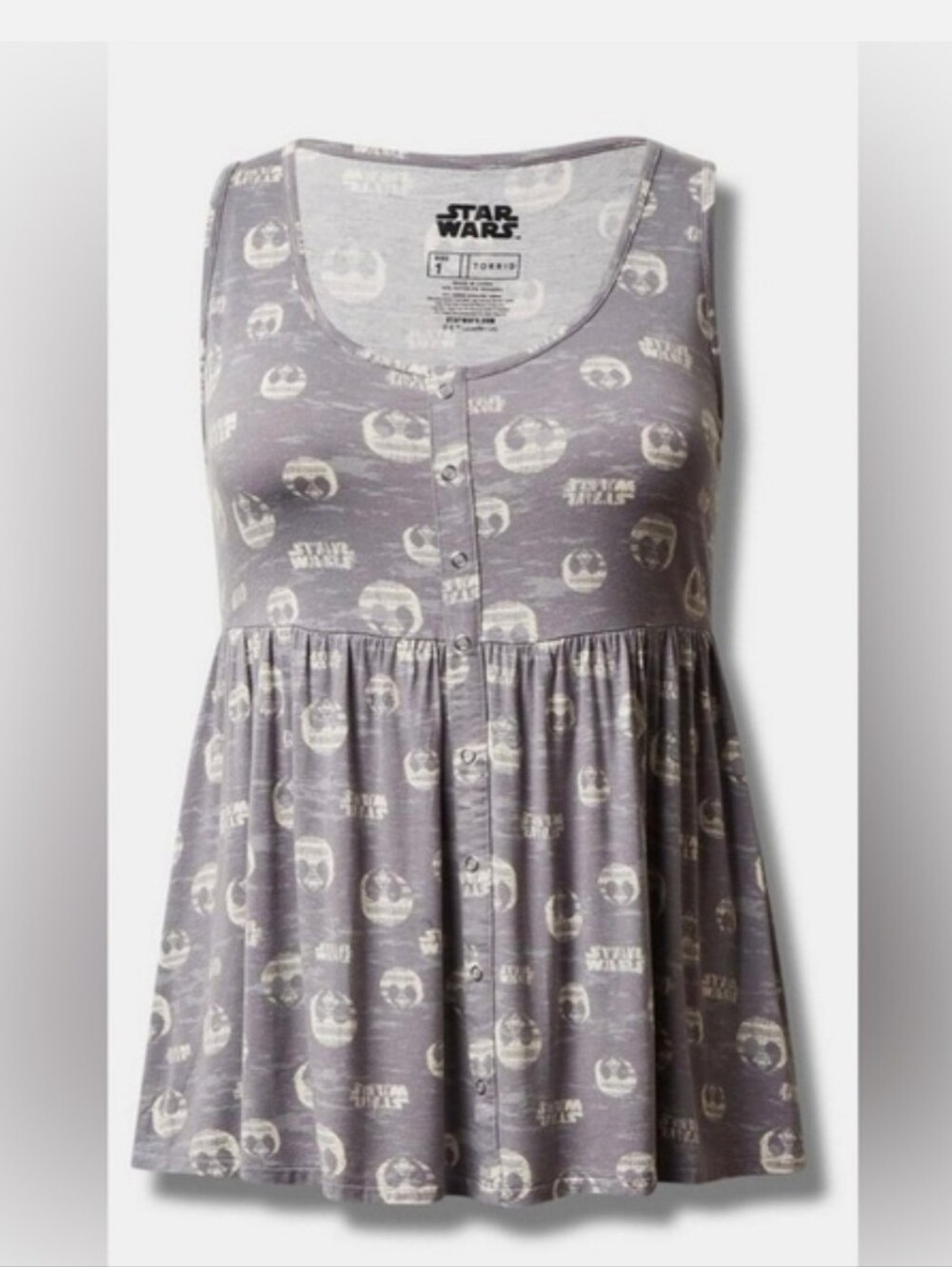 NWT Torrid Star Wars Tank Top Gray And White Super Soft Babydoll Asize 2 2X